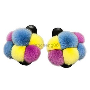 Slippers Summer Women Slippers Fox Fur Slides para mulheres Slippers fofas Casa sapatos femininos Mulher chinelos com pêlo pom pon slides X230519