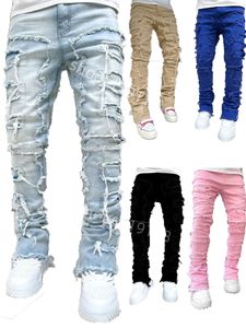 Jeans maschile jeans regolare patch impilati in difficoltà distrutte pantaloni di denim dritti vestiti streetwear jeans casual jeans