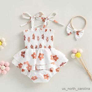 Girl's Dresses Infant Baby Girls Romper Dress Floral Print Sweet Sleeveless Jumpsuits Summer Casual Playsuit with Headband R230815