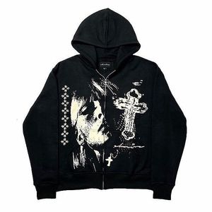 Herrtröjor tröjor svart lös dragkedja hoodie män amerikansk kors huvudtryck gata harajuku överdimensionerad tröja y2k punk japansk par jacka 230815