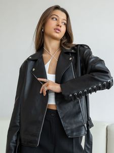 Womens Jackets AFTF Spring Autumn Women Faux Leather Jacket Slim Streetwear Leather Coat Biker Moto Jacket with Belt Female Outerwear 230815