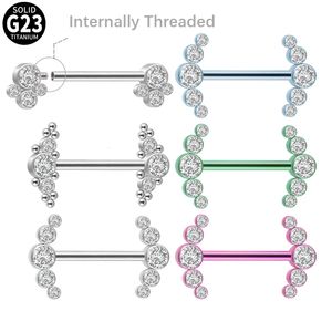 ラブレットリップピアスジュエリー1PC G23ニップルリング内部スレッド2 Tribead Cluster 3CZ Stone Barbell Women Body 14G 230814