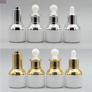 30 ml puste napełnienie ekskluzywne Pearl White Glass Bottle Bottle Olejki Eteryczne kosmetyki Jar Pojemnik na garnek Fiolka ze szklaną pipetą Krople oka CWWRB