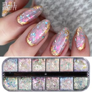 Glitter per unghie 12 griglie iridescenti chiodi aurora cristallo scaglie di fuoco pavimentali di scintilla olografica fasciame gel polacco manicure flash chjdp 230814