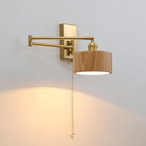 Lampada a muro Ruota a LED tira a catena interruttore leggero camera da letto con spina decorazioni per camera da paralume in legno
