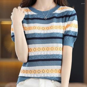 Men's T Shirts Spring Summer Fashion Women Colored Stripe Knitted Hollow O-Neck Office Short Sleeve Casual Clothing T-Shirt Girl Gift