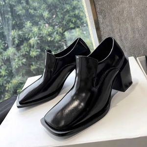 Vintage Women's Pumps Square Toe Block Heel Oxfords Black Leather Retro Shoes Office Ladies Professional Shoes