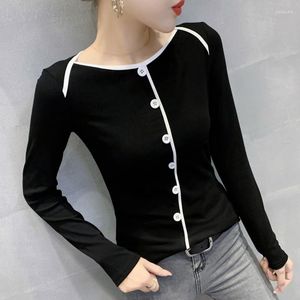 Women's T Shirts 2023 Fall Winter European Clothes Cotton T-Shirt Women Chic Sexy Off Collar Button Color Blocking Tops Long Sleeve Tees