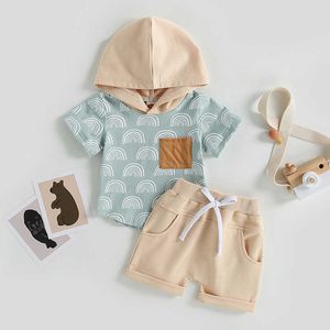 衣類セット0-3Y幼児の男の子の男の子の夏の服セット印刷パッチワーク半袖フード付きトップスソリッドドローストリングショーツ