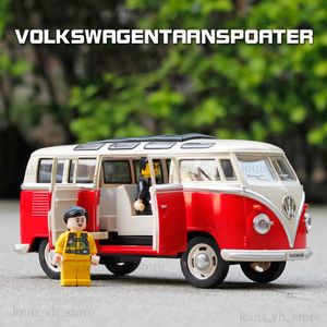 1 24 Volkswagen VW T1 BUS liga modelo carro brinquedo diecasts fundição de metal som e luz carro brinquedos para veículo ldren T230815