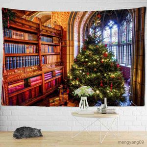 Taquestres Bookshelf and Christmas Tree Tapestry Wall Holding Art Decor Background Pano R230815