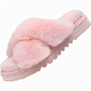 Terlik Bayan-Fluffy-Memory-Foam-Cross-Band-Slippers İç Mekan Bulanık Kürk Kürklü Açık Ayak Parmağı Ev Terlik Kadınlar için Yumuşak Peluş Rahat x230519