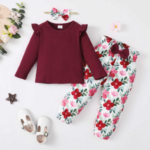 Conjuntos de roupas para meninas de 1 a 5 anos Conjunto de roupas infantis para meninas Conjunto de manga comprida top + calça + faixa de cabeça 3 peças roupa de primavera para meninas