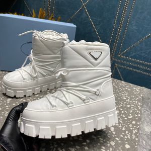 Hochwertige Nylon-Plaque-Knöchel-Ski-Schneestiefel, Slip-On-Chunky-Lugger-Bootie, Stiefel mit runder Spitze und Absatz für Damen, Luxus-Designer, Schnürschuhe, Fabrikschuhe, Größe 35–42 mit Box