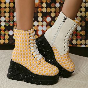 Boots Chunky Platform Ankle Women Fashion Plaid Patchwork Wedges Motorcycle Woman Lace Up Thick Bottom Gothic Shoes 230815