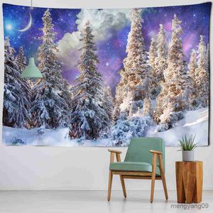 Tapestries Snow Night Landskap Tapestry Wall Hanging Pine Tree Colorful Starry Sky Hippie Simple and Fresh Room Decor R230815