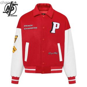 Herrenvarsity Jacke Brief Muster PU Leder Patchwork Baseball Jacke Winter Streetwear Mode Red Bomber Jacket Unisex Mantel HKD230815