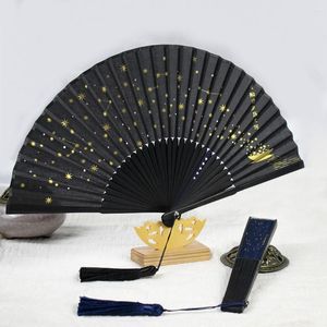 Decorative Figurines Star Pattern Folding Fan Silk With Tassel Bamboo Vintage Chinese Japanese Style Hand Held