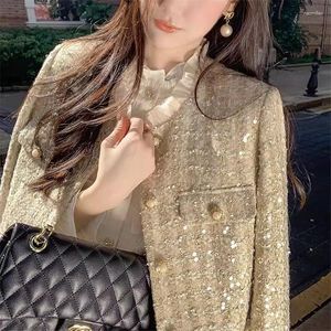 Damenjacken Herbst kleine duftende Tweed Plaid Kurzmantel Chic Mode Frauen gekräuselt Kragen Single Breace Pailletten Wolljacke Tops