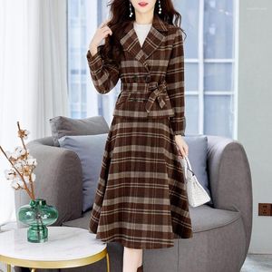 Two Piece Dress Korean Elegant Sets Vintage Office Lady Plaid Blazers Coats Top A Line Midi Skirts Suit Retro Autumn Winter Outfits