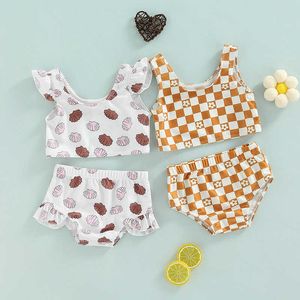 Conjuntos de roupas menina maiô duas peças conjunto criança bebê impressão / padrão xadrez maiô voar manga tops combinando shorts