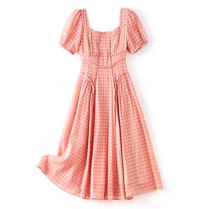 2023 Summer Pink Swallow Gird Panelled Dress Short Sleeve Square Neck Midi Casual Dresses W3L043601