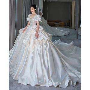 Kugelkleid Kleider Schatz Korsett Satin glänzender langer Zug Prinzessin Brautperlen Spitzenkristall Pailled Blingbling Perlen Hochzeitskleider 403