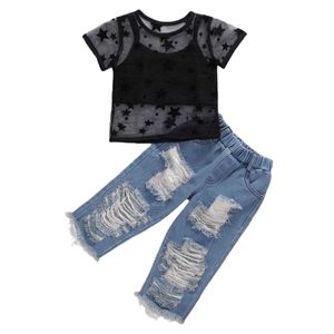 Set di abbigliamento Abbigliamento per bambini per bambini Canottiera per neonate Canotta Pantaloni in denim strappati Completi di vestiti