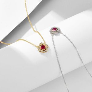 Pendant Necklaces Fashionable And Luxurious Temperament Geometric Princess Square Ruby Hollow Out Clavicle Chain