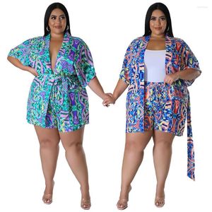 Damen -Trainingsanzüge 2023 Summer Plus Size Printing Holidays Frauen Shorts Set Long Sleeves Cardigan Sash Böhmen -Stil Ladies Casual Two