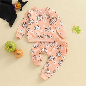 Set di abbigliamento Autunno Bambino Bambina Autunno Vestito Fiore Zucca Stampa Felpe a maniche lunghe Pantaloni in vita elastica Vestiti