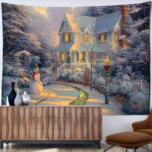 Tapissries Christmas City Målning Tapestry Wall Hanging Hippie Christmas Festival Art Bedroom Living Room Home Decor R230815