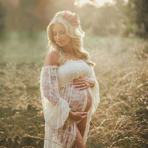 Maternity Photography Dresses Off Shoulder Mesh Lace Maternity Photoshoot Gown With Long Bell Sleeves Pregnancy Shooting