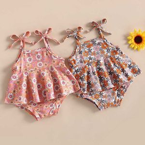 Conjuntos de roupas para bebês meninas 2 peças roupas de verão sem mangas gravata ombro floral cami tops + conjunto de shorts