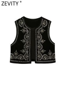 Women s Vests Zevity Women Vintage O Neck Sequins Flower Embroidery Short Vest Jacket Ladies Sleeveless Casual Velvet WaistCoat Tops CT3020 230815