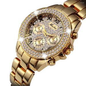 Armbanduhr Frauen sehen Bling Luxury Watch Mode 2023 Chronograph Roman Numerals 18K Gold Ladies Quarz Armbanduhr