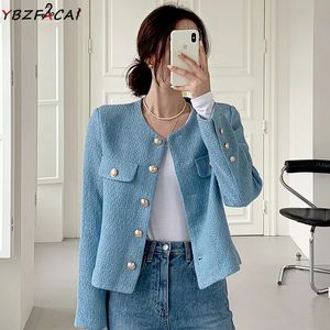 Women S Jackets 2023 고급 재킷 화이트 스프링 블루 트위드 녹색 검은 색 짧은 코트 금속 단일 가슴 자르기 탑 230815