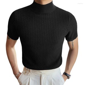 Herr t-skjortor yileegoo Men s High Neck Knit Topps Casual Going Out Short Sleeve Slim Fit Ribbed T-shirts Streetwear