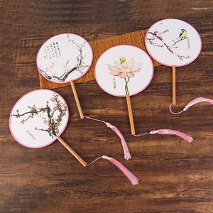 Decorative Figurines Portable Chinese Style Round Silk Fan With Wooden Handle Printed Vintage Dance Wedding Accessories Home Decoration