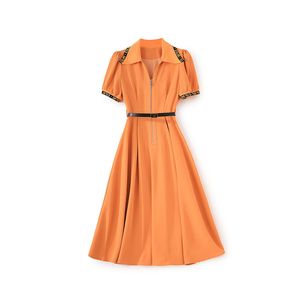 2023 Summer Orange Contrast Color Waist Belted Dress Short Sleeve Lapel Neck Midi Casual Dresses W3L043611