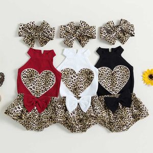 Kleidung Sets 3 stücke Neugeborene Baby Mädchen Sommer Outfit Leopard Print Herz Stricken Tank Top Bogen Rüschen Shorts Stirnband 0-18M