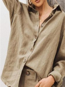 女性用ブラウスファッション長袖コットンリネンルーズフィッティングシャツエレガントターンダウンカラーボタンブラウスオフィスレディソリッド