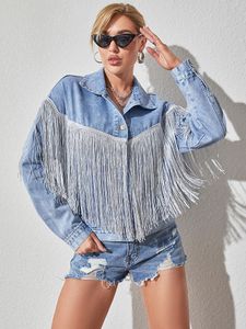 Kvinnors jackor Fitaylor Autumn Winter Women Single Breasted Long Sleeve Tassel Retro Blue Denim Female Loose Short Jeans Coat 230815