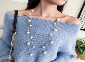 New Long double layer Simulated Pearl Necklace Women Sweater Chain Necklace female Collares Statement Jewlery Whole 20199200542