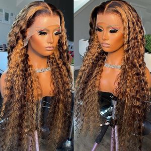 30 tum Highlight Ombre Spets Front Human Hair Wigs Curly Human Hair Wigs 220%Density Honey Blonde Färgade djupa vågfrontal peruker för kvinnor