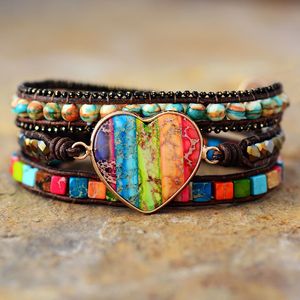 Charm Armband Cool Black Big Heart Center Stone Chakra Spiritual Armband Leather Wrap Armband Girls Energy Angst Jycken 230814