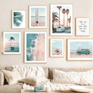 Canvas målning strand landskap liv vägg tropiska strand affischer surfbräda buss palm träd båt affisch och tryck väggkonst vardagsrum hem dekoration wo6