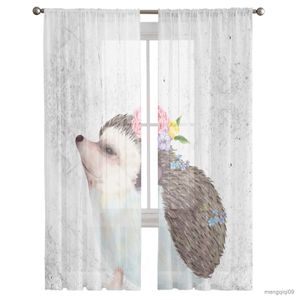 Curtain Watercolor Flowers Animal Hedgehog Window Curtains Bedroom Modern Drape Sheer Tulle Valances Living Room Kitchen Voile Curtain R230815