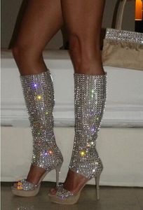 Botlar Tasarım Bling açık ayak parmağı yüksek platform gladyatör kesme diz kristal topuk elbise ayakkabıları 230815