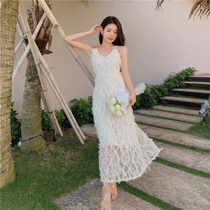 Vestidos casuais Primavera/verão 2023 Seaside Resort Slip Slip Dress Travel Backless Apricot Moda Japão-corea coleção